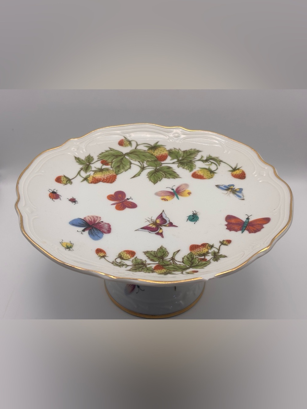 Vintage Porcelain Pedestal Cake Stand with Strawberry, Butterfly, Bug Motif